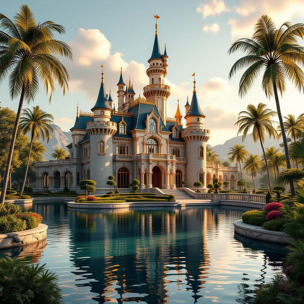 Dreamlike Castle on Serene Lake in Artflow Style