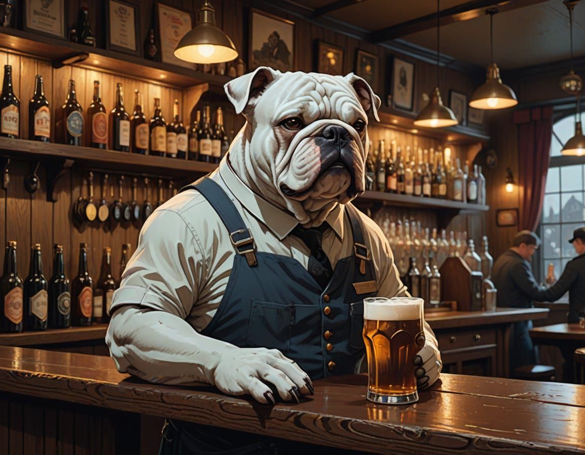 Bulldog Bartender Serves Beer in Classic English Pub Setting