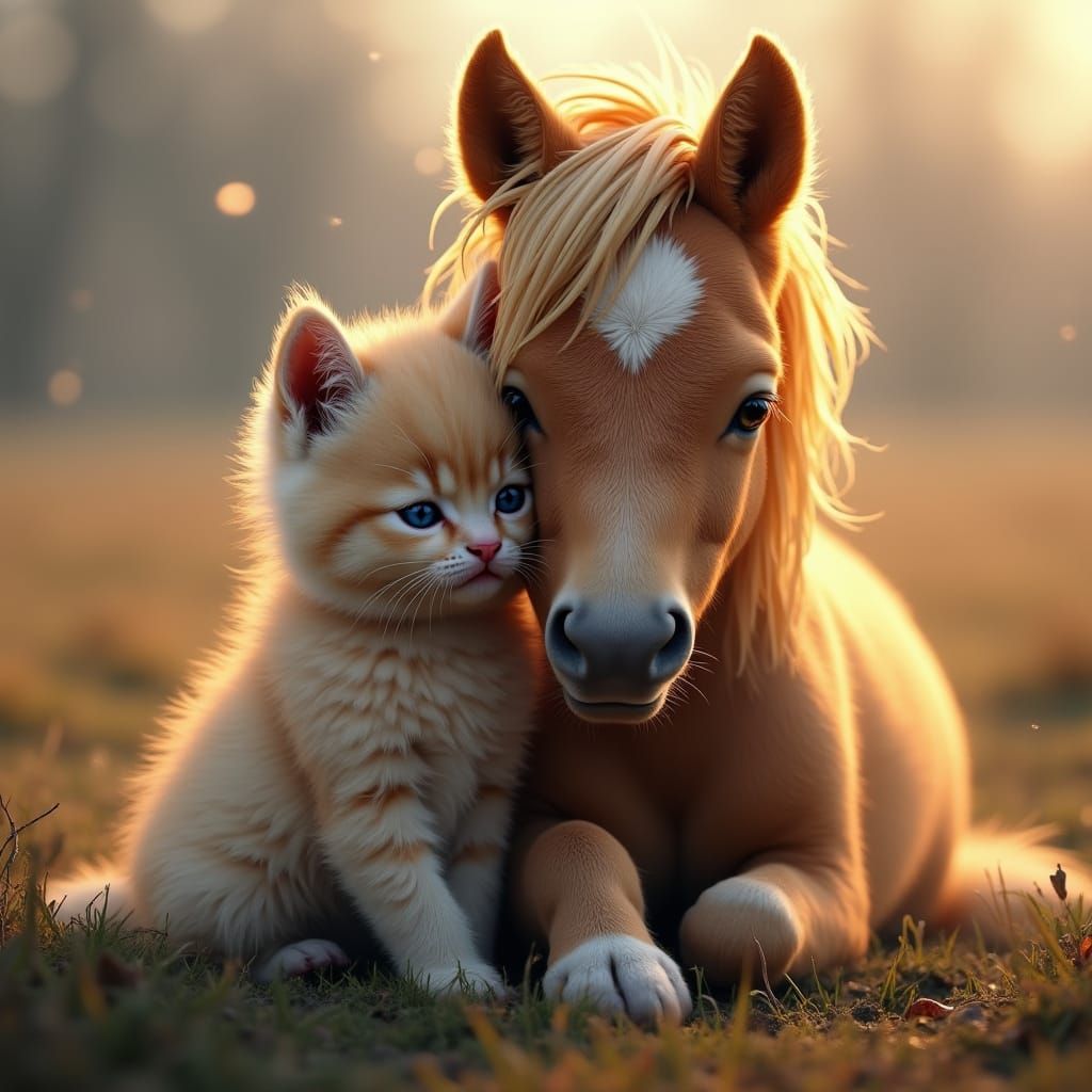 Persian Kitten and Palomino Foal Cuddle in Winter Paddock