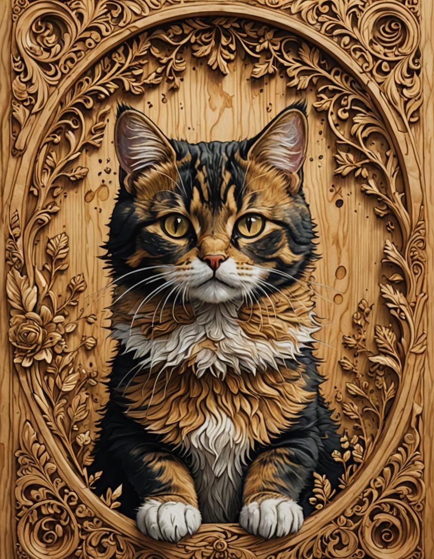 Tricolor Cat Portrait in Golden Pyrography