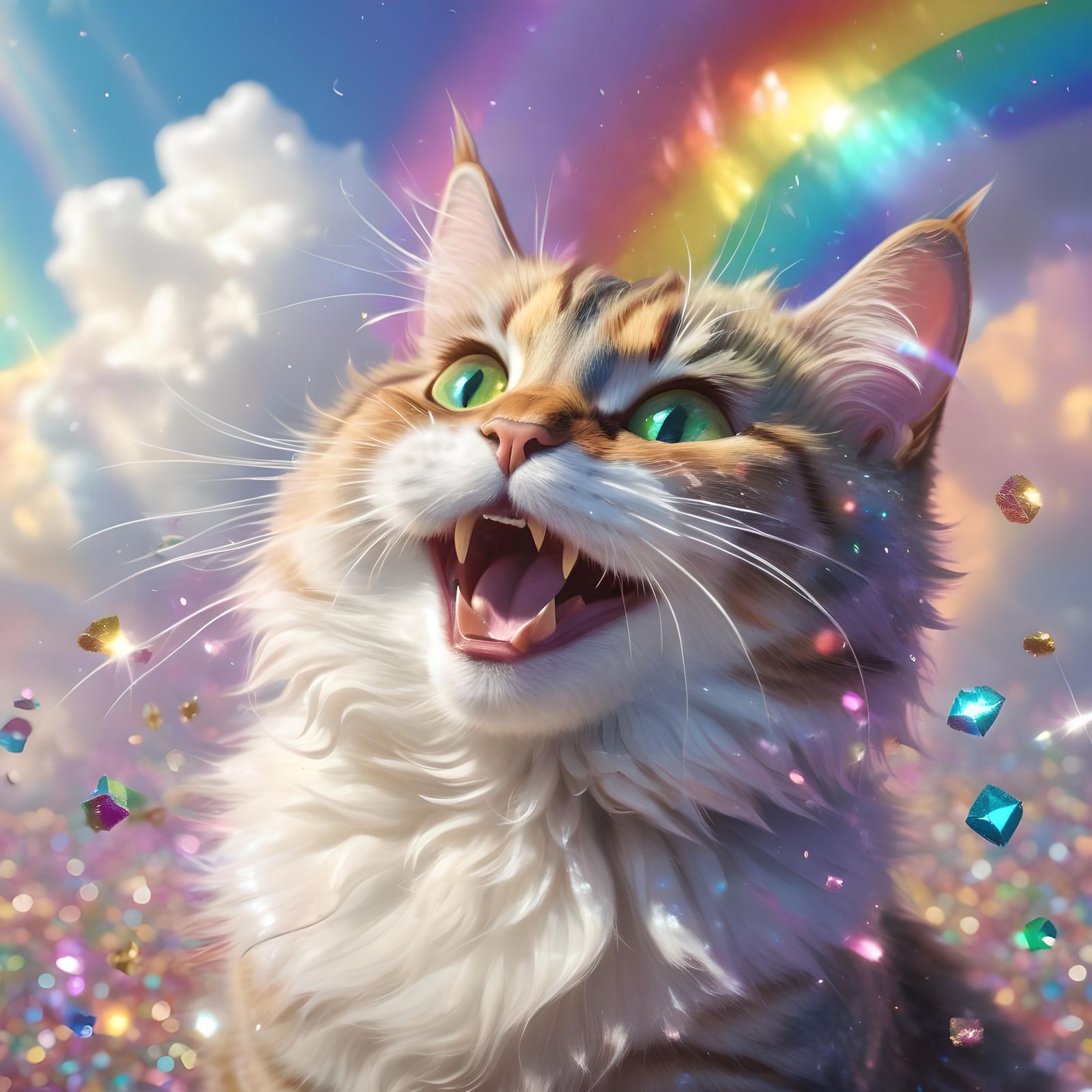 Happy Sparkling Cat in a Rainbow Wonderland