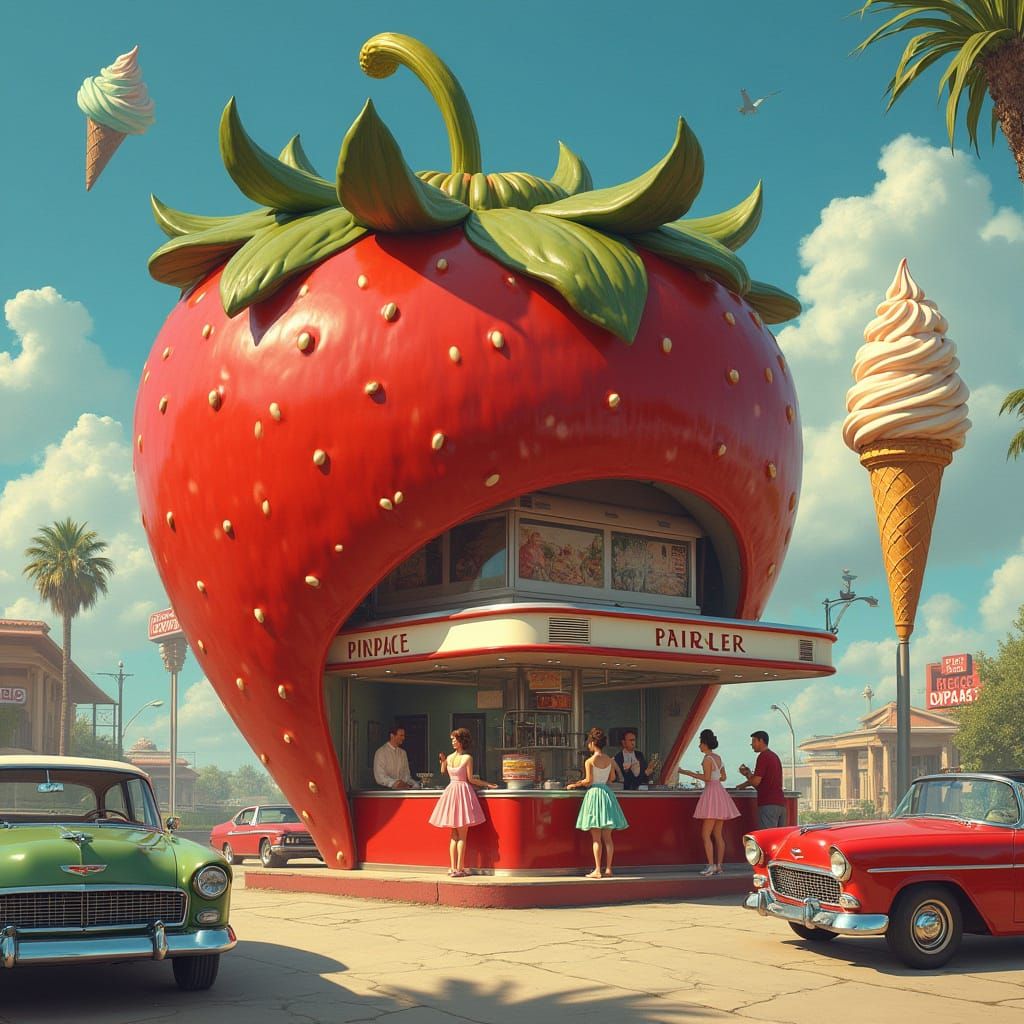 1950s Diner Inside Strawberry, Matte Painting Style