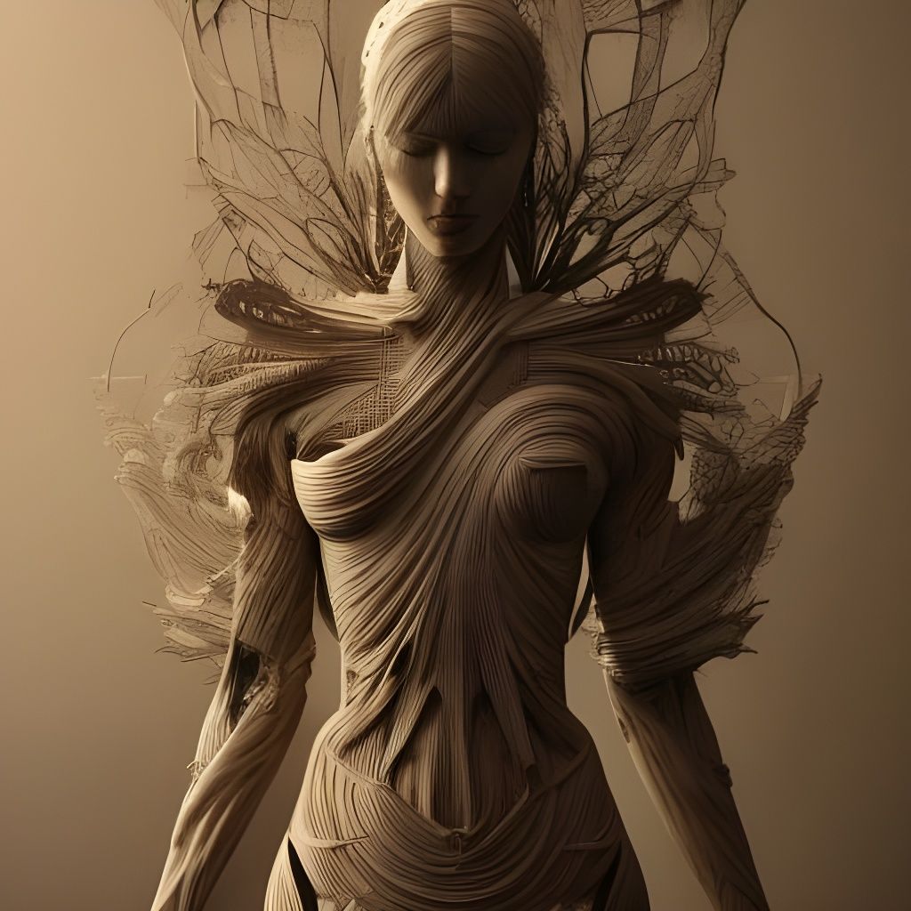 Detailed Wood Carving Statue with Glitch Effects