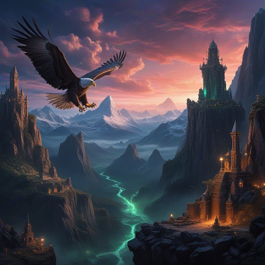 Majestic Eagle Over Ancient City Under Aurora Sky