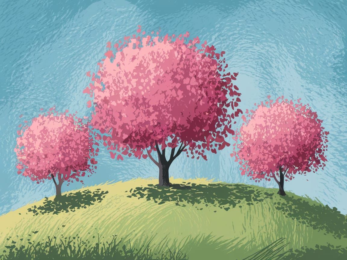 Impressionistic Pink Trees on Green Hillside