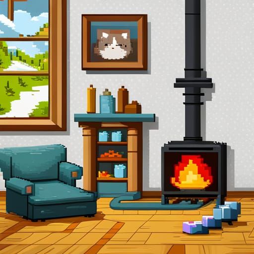 Pixel Art Cat Sleeping by Fireplace in 16-bit Style