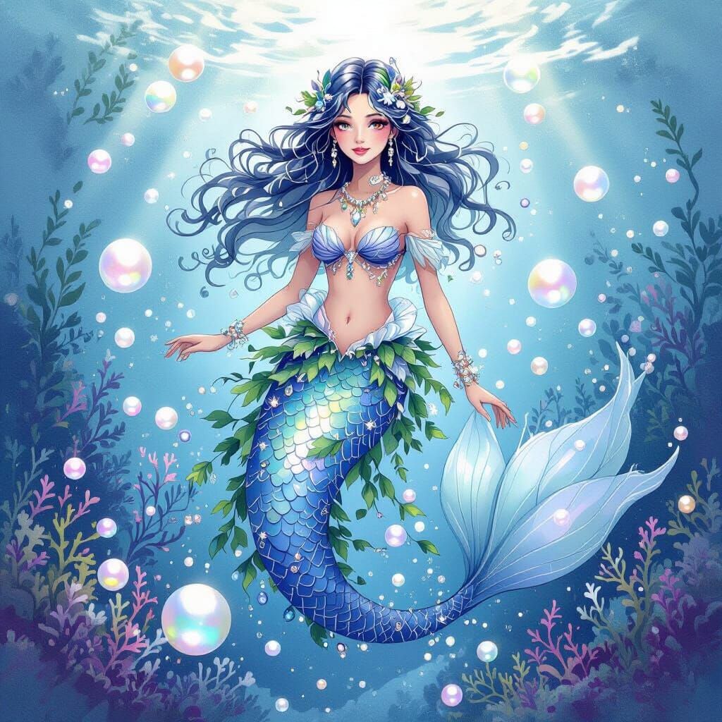 Ethereal Mermaid in Watercolor, Adorned with Jewels