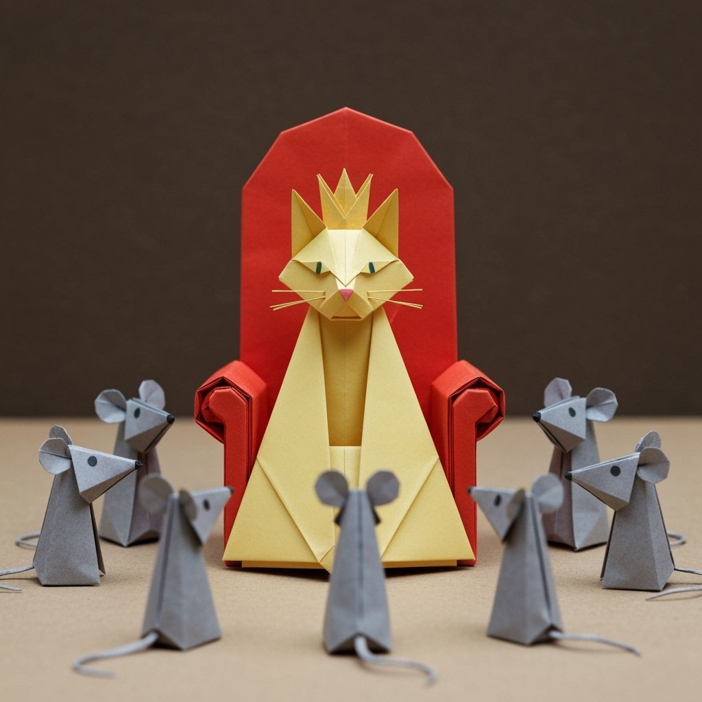Origami queen cat sat on an origami throne surrounded by origami mice courtiers