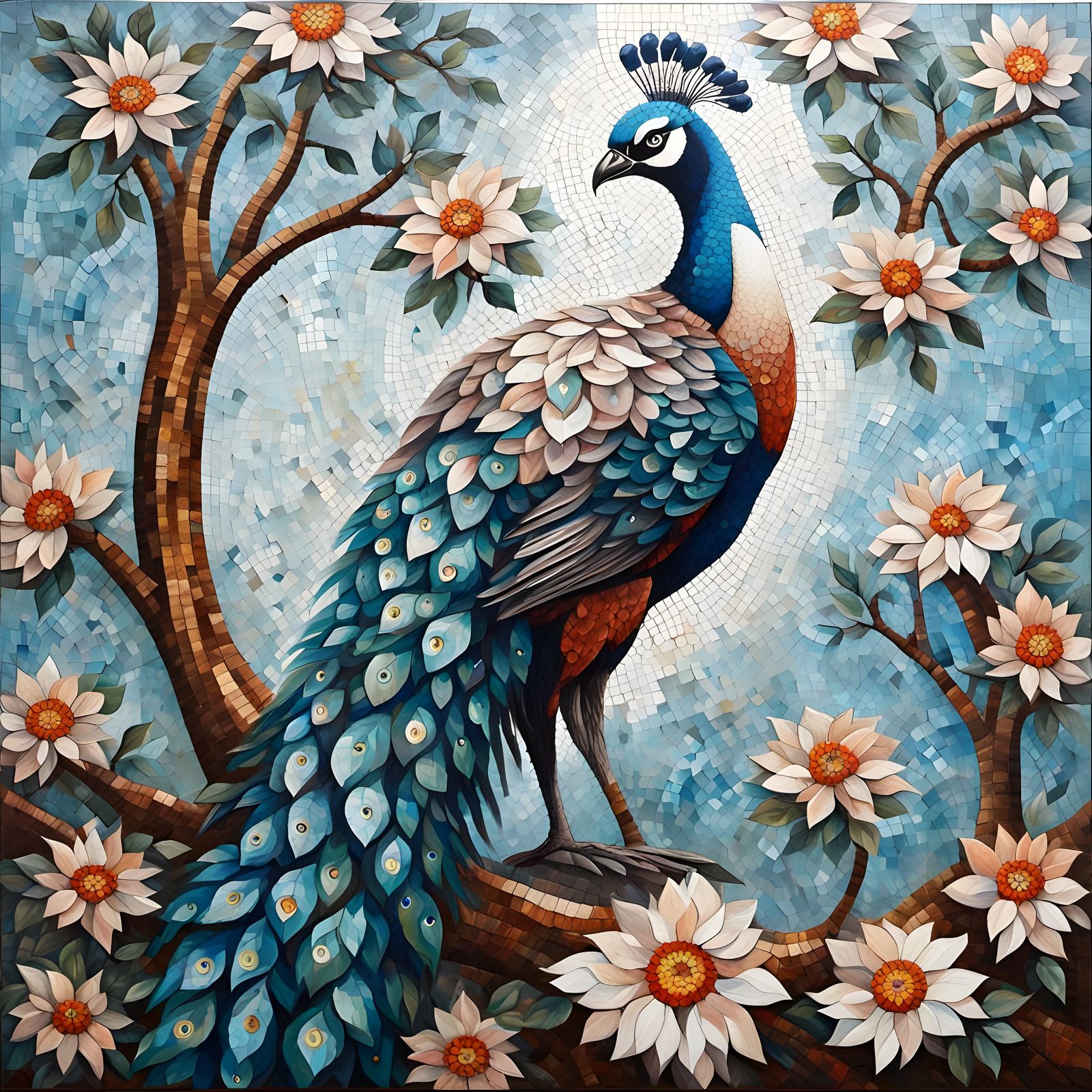 Peacock in Tree with Floral Moon, Mosaic Art