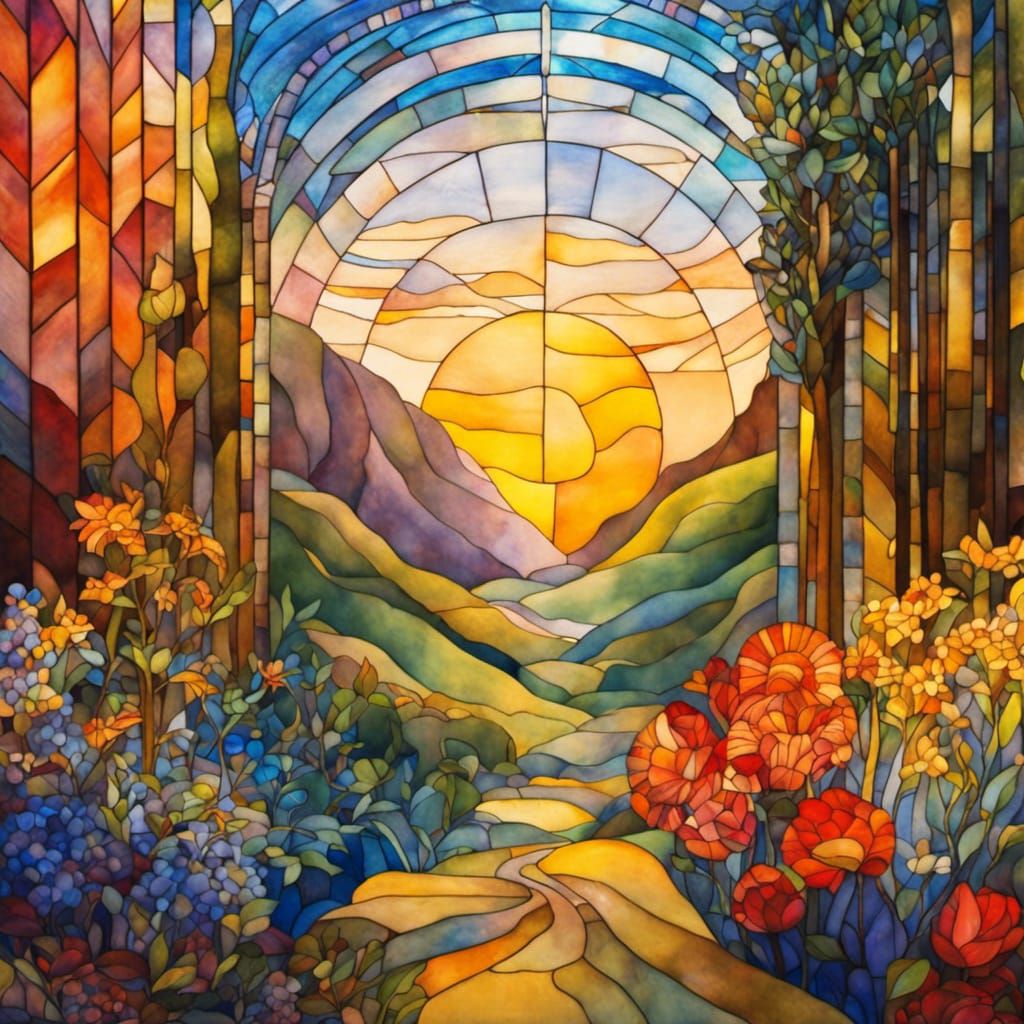 Stained Glass Maze in Golden Hour, Watercolor Style