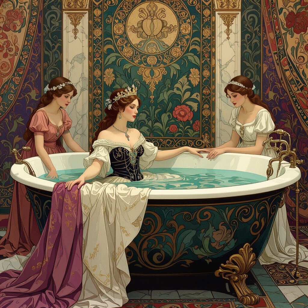 Baroque Royal Queen in Ornate Bathhouse