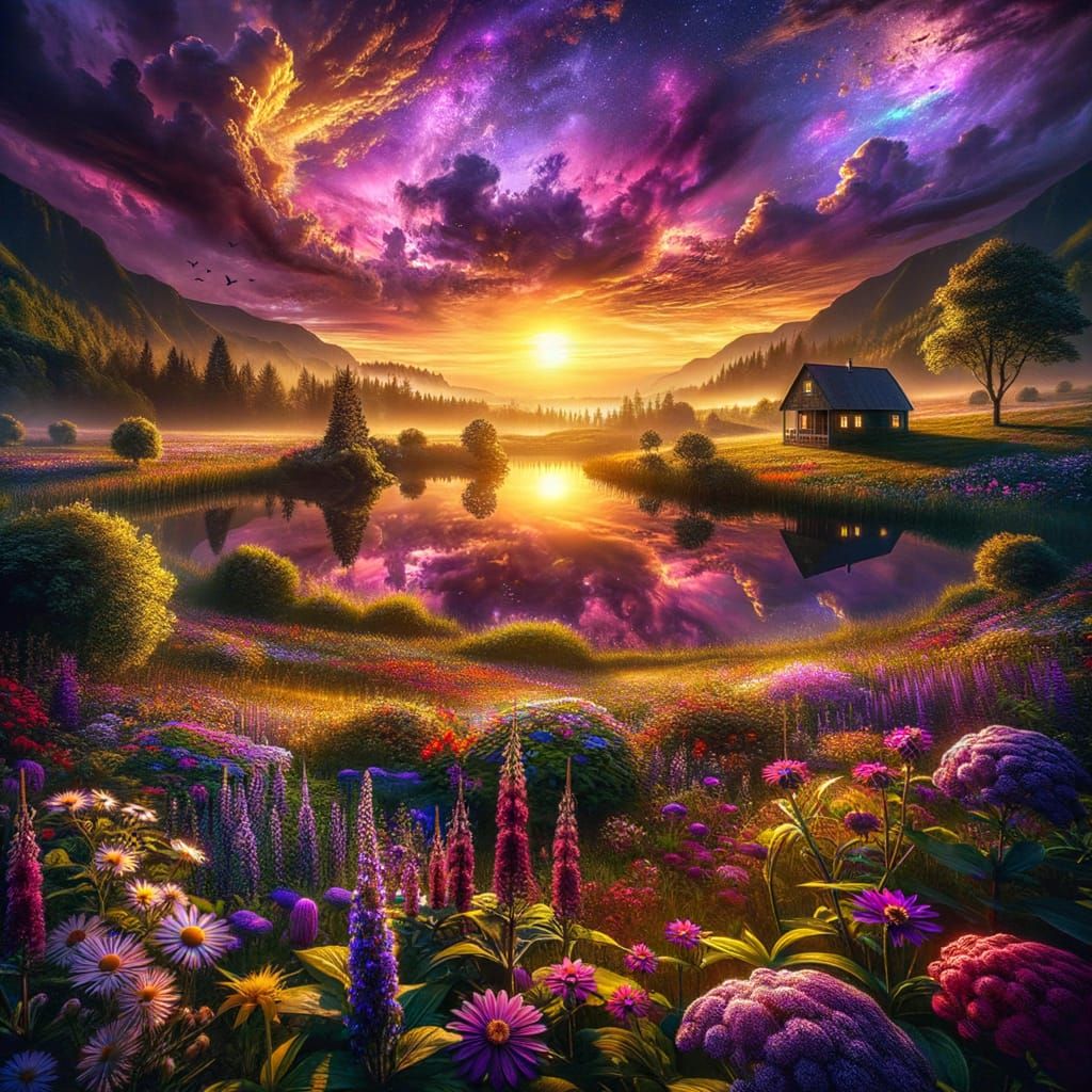 Epic Summer Meadow Landscape with Glowing Lake and Quaint Co...