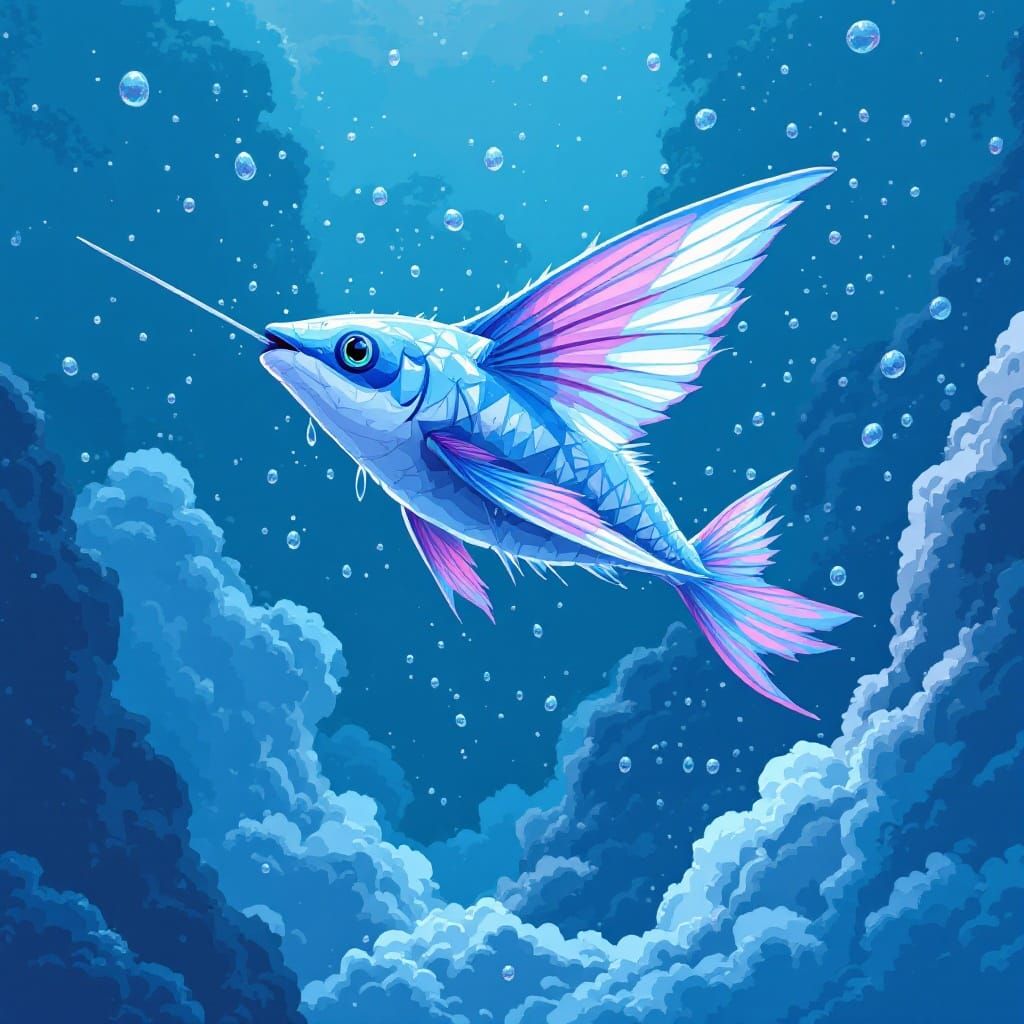 Stylized Pixel Art Flying Fish in a Misty Blue Atmosphere
