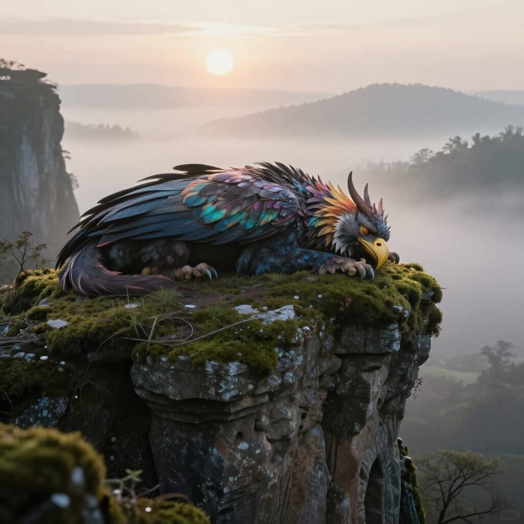 Majestic Griffin Rests on Ancient Ruins in Ethereal Glow