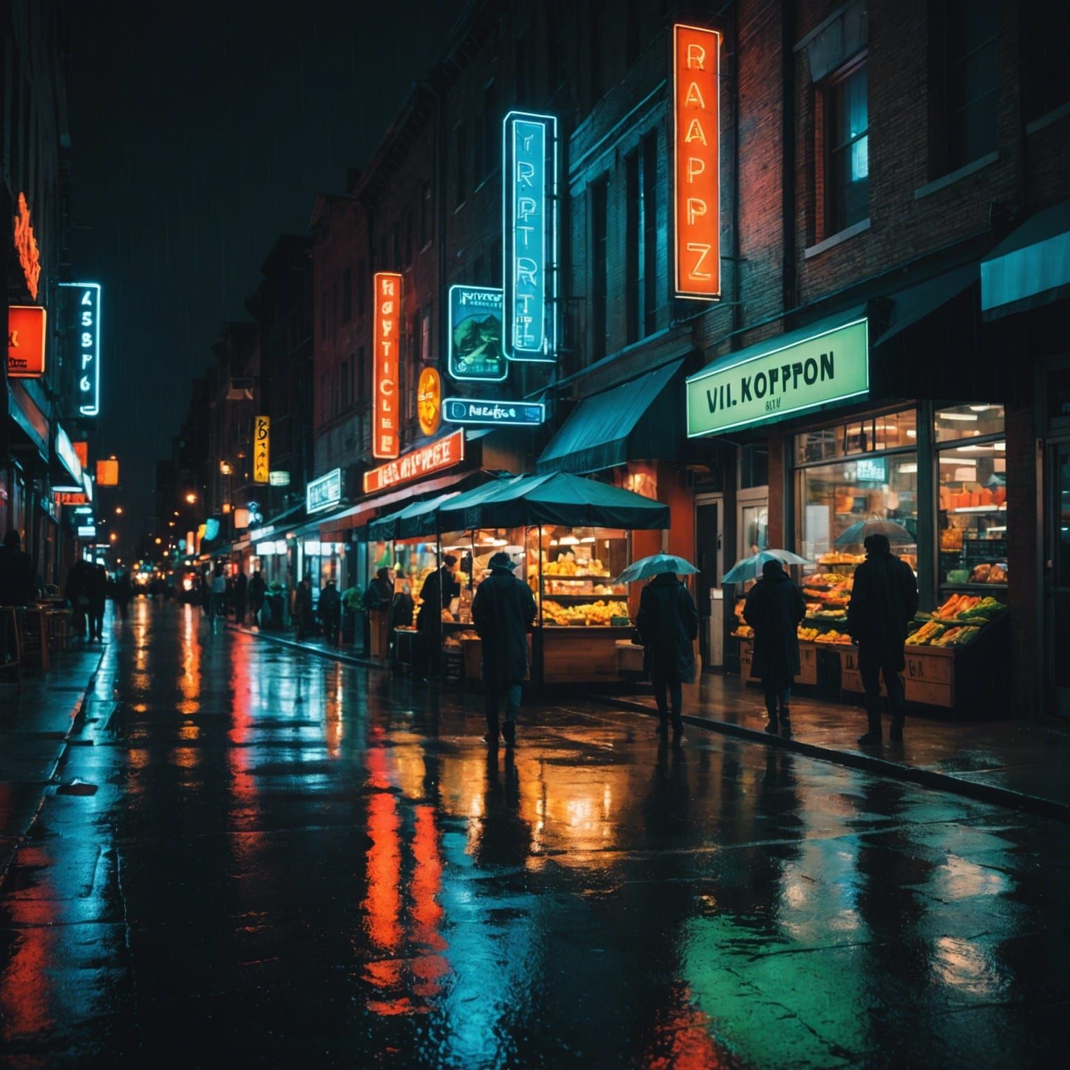 Rainy Night at the Neon Farmer's Market