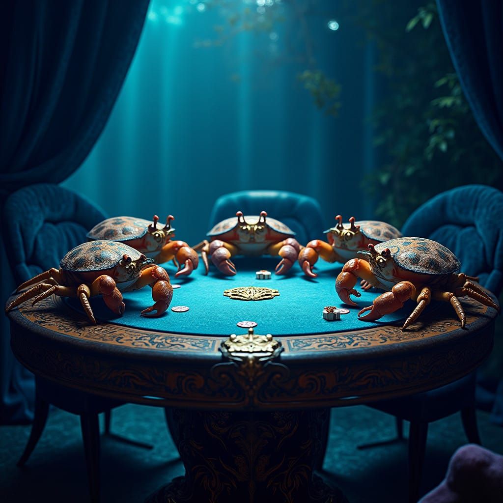 Crabs at a Futuristic Poker Table, Blending Whimsy and Neon....