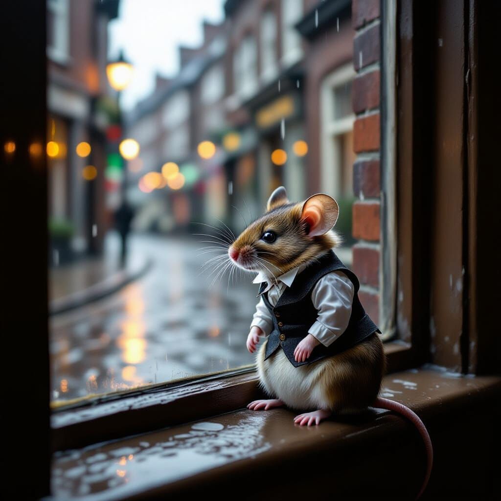 Melancholic Mouse in Victorian Waistcoat Overlooking Rainy S...