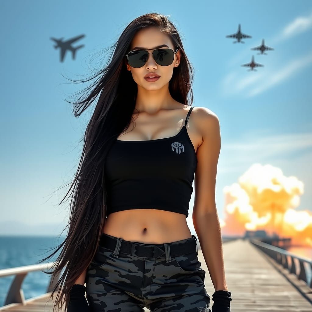 Sensual Woman Model on Pier with Fighter Jets