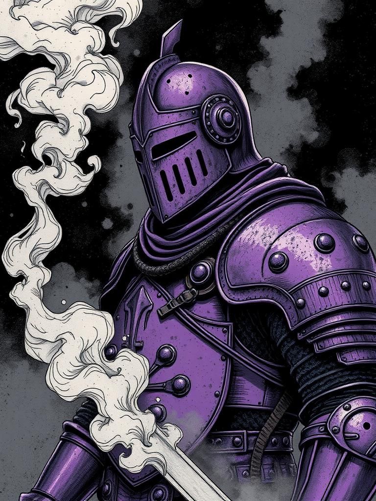 Steampunk Knight in Purple Armor with Eerie Mist