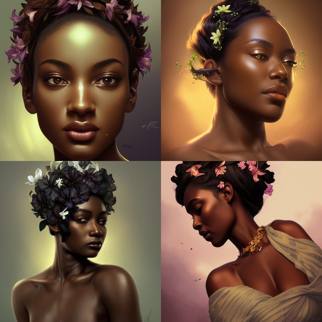 Melanin Beauty with Lilies, Detailed Portrait