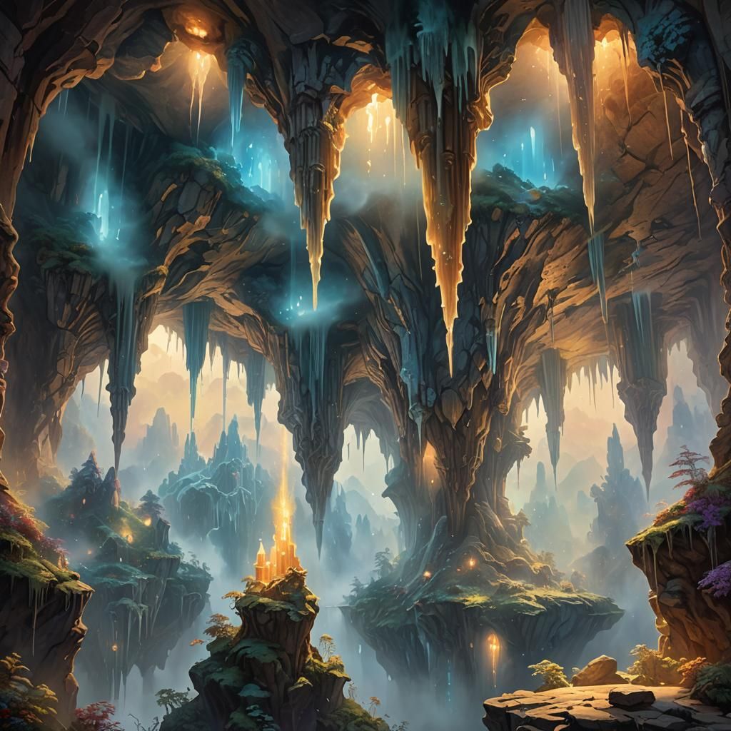 Ethereal Cavern: Crystalline Stalactites in Digital Art