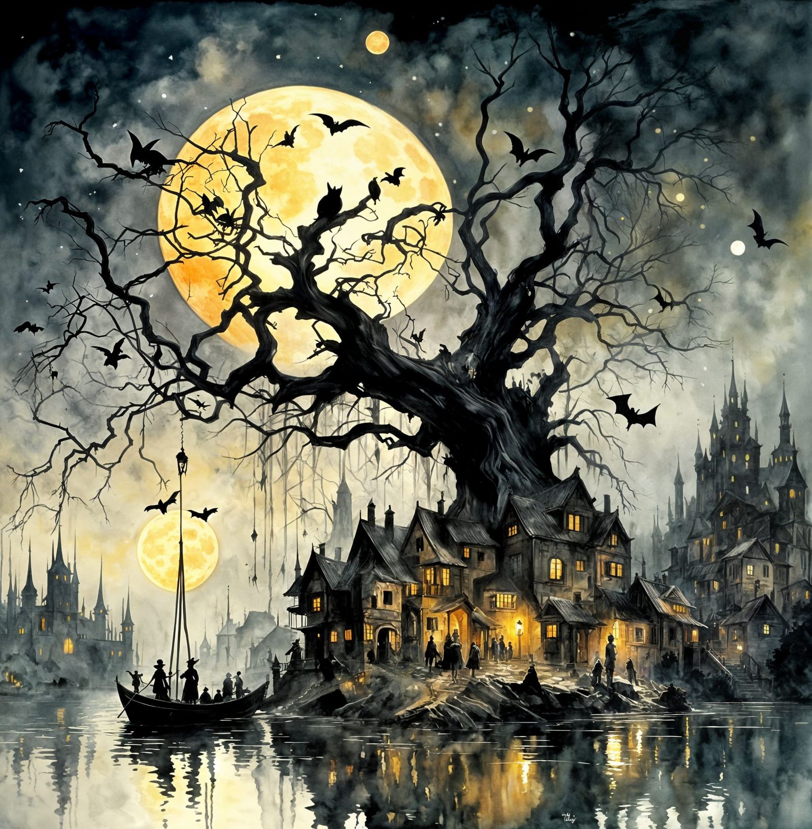 Eerie Watercolor: Bats at Dusk Under Moonlit Oak