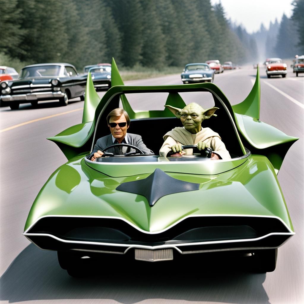 Adam West and Yoda in the Yodamobile