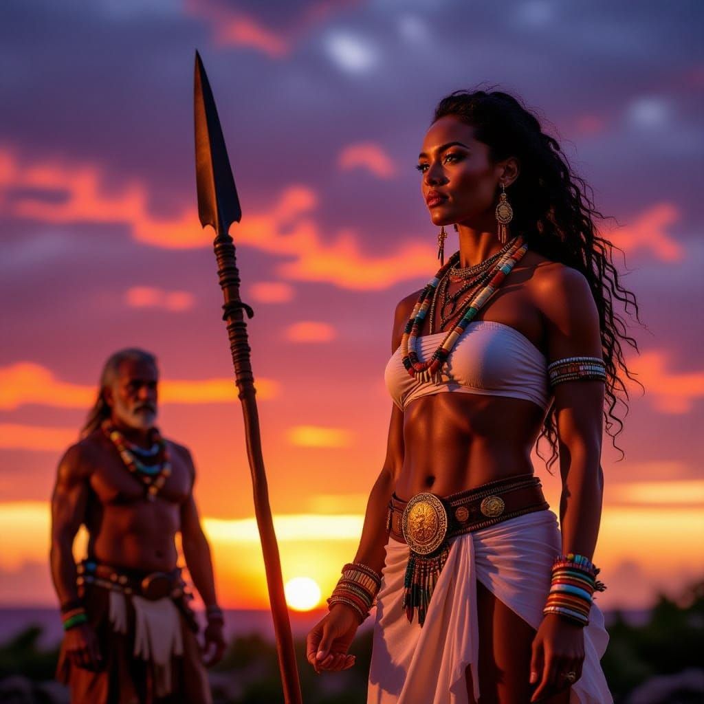 Woman and Man in Savanna Under Fiery Sunset