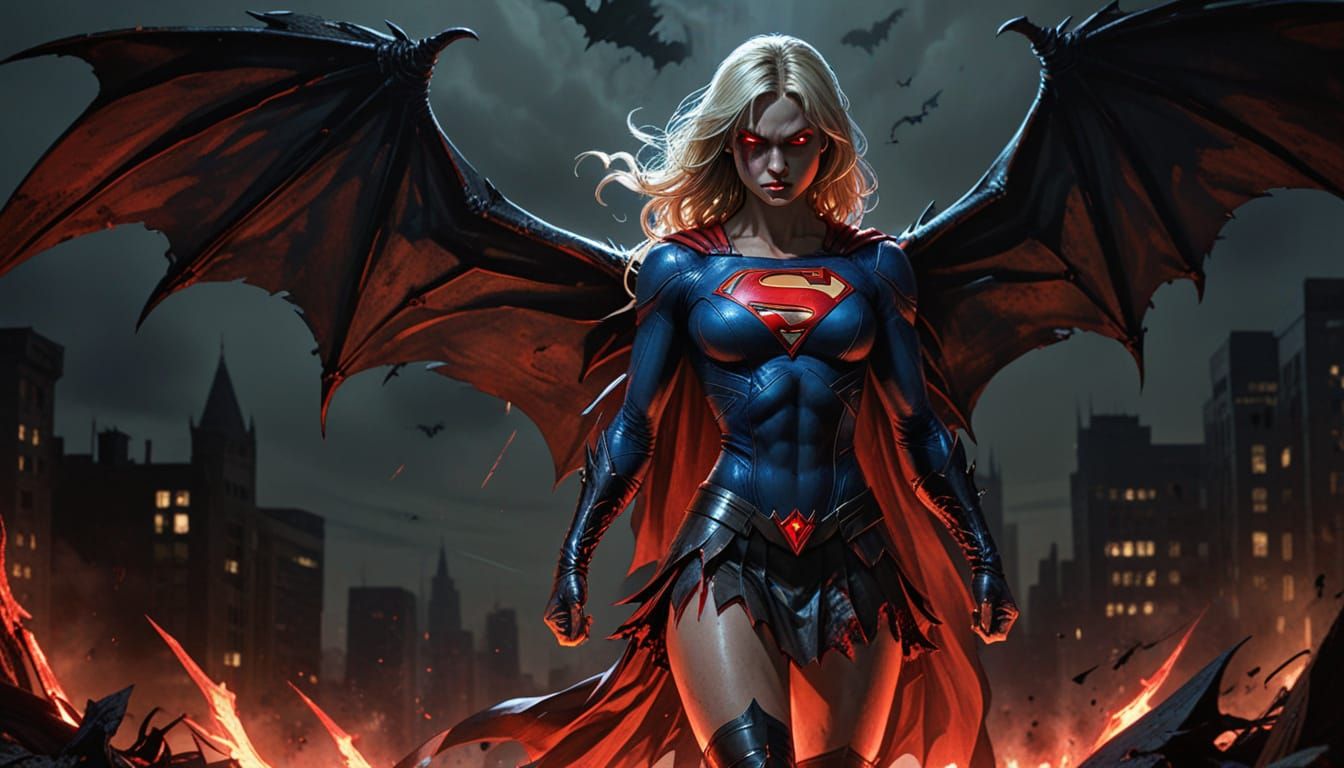 Demonic Supergirl with Bat Wings in Comic Art Style