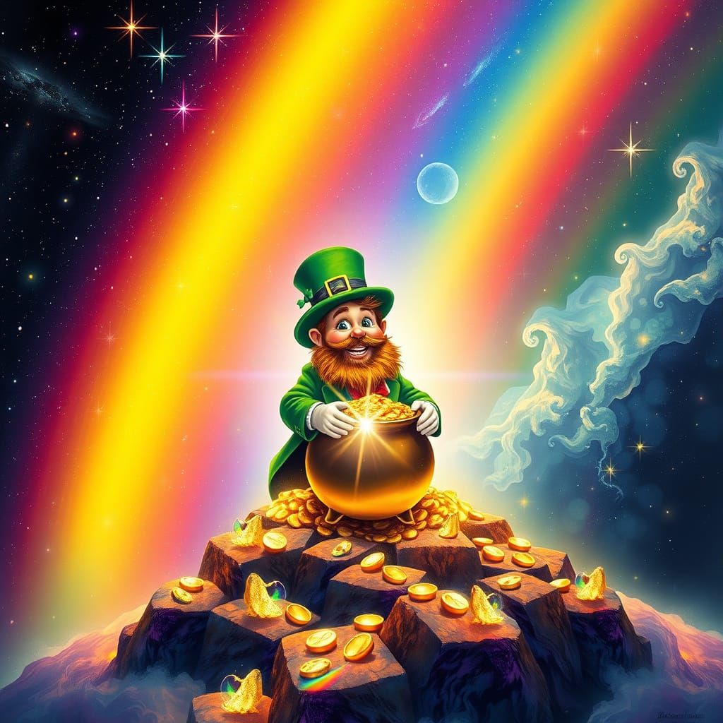 Vibrant Rainbow with Jolly Leprechaun in Cosmic Wonderland