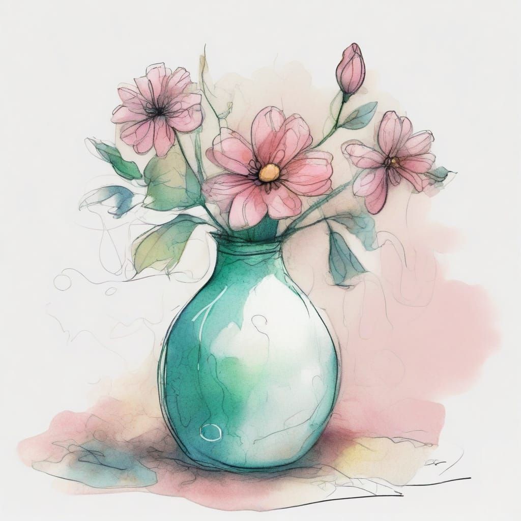 Whimsical Doodle Art of a Delicate Vase with Swirling Flower...