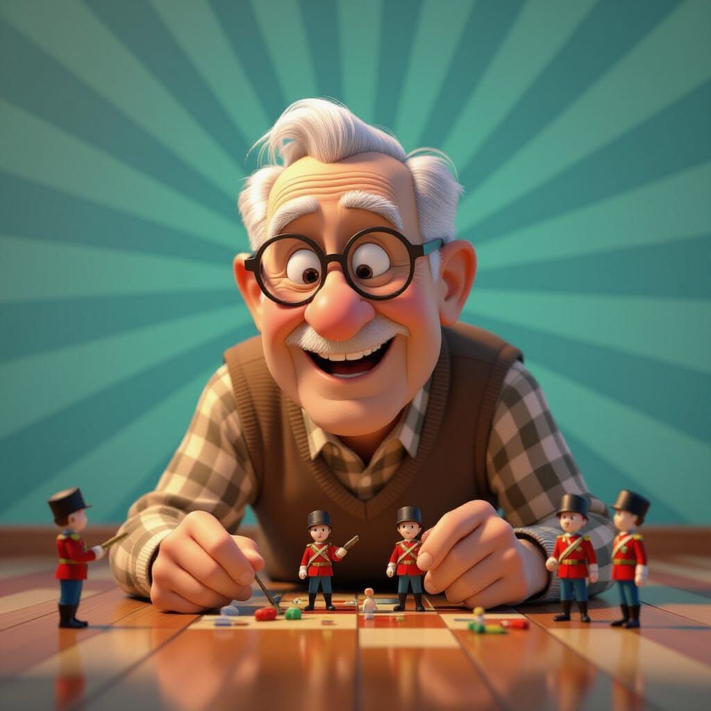 Joyful Old Man Playing: Pixar-Style 3D Art