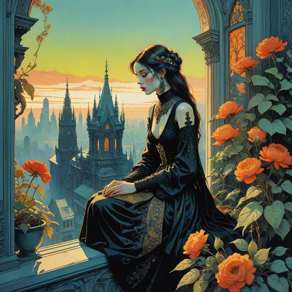 Gothic Cityscape at Dusk in a Dreamy, Futuristic Atmosphere