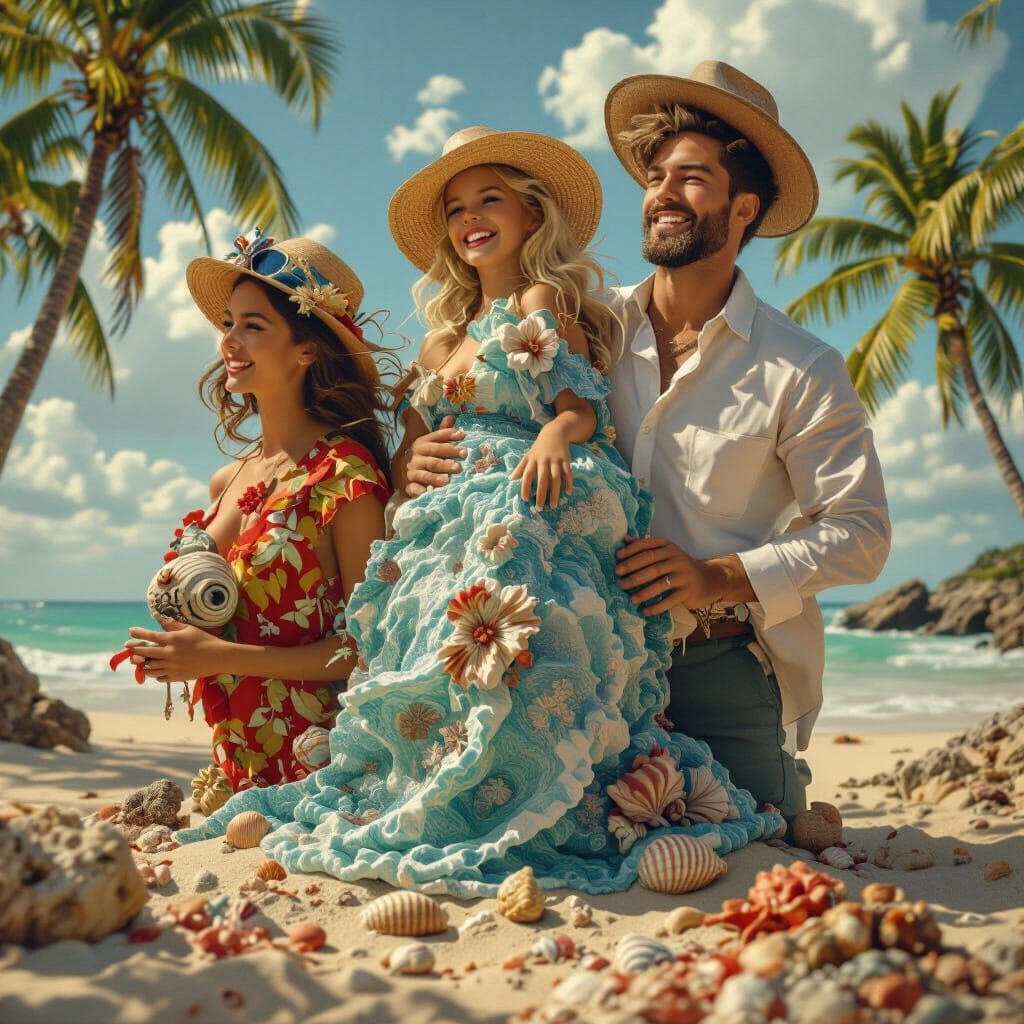 Hyperrealistic Beach Scene with Palm Trees and Seashells