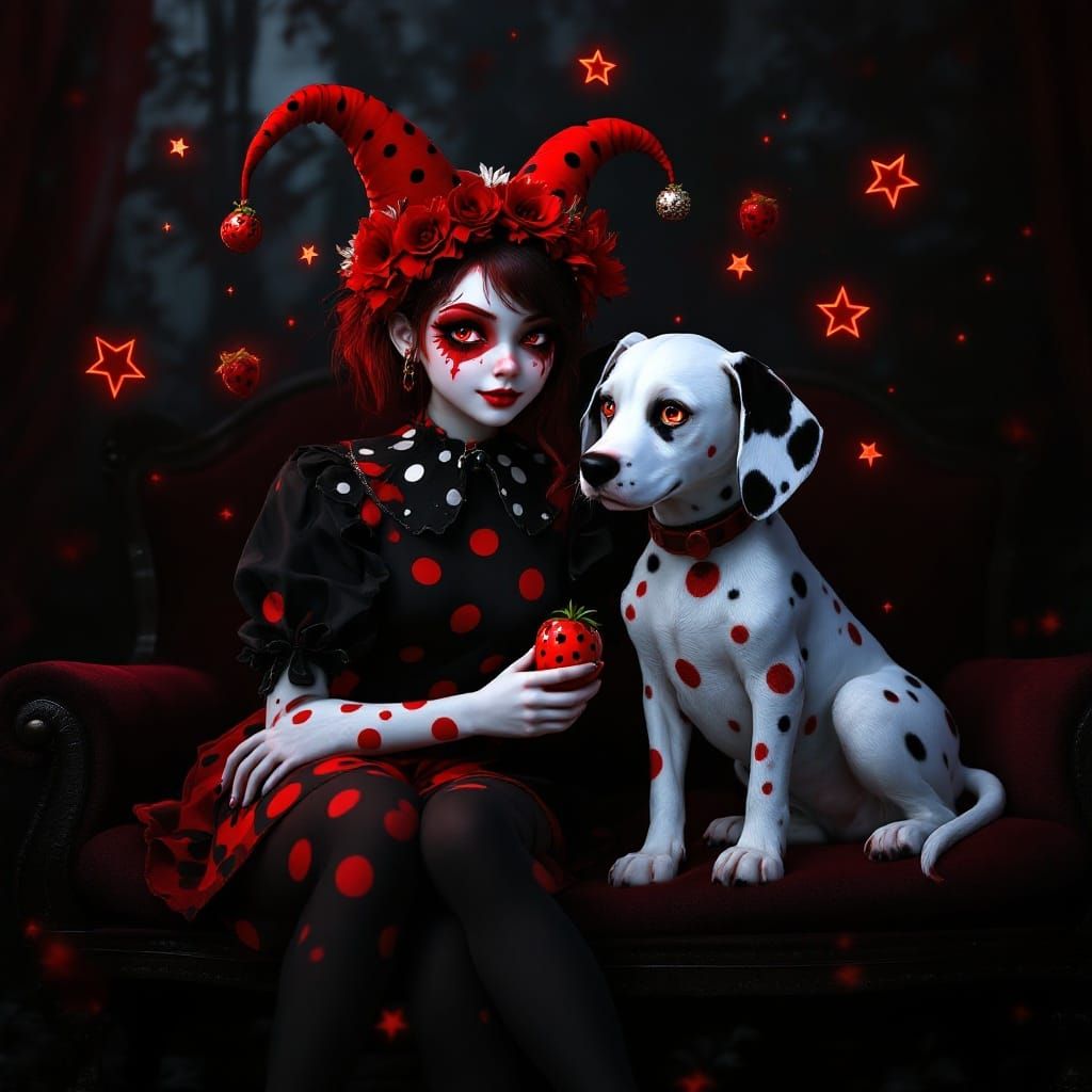 Ladybug Jester Girl with Dalmatian in Polka Dot Fantasy