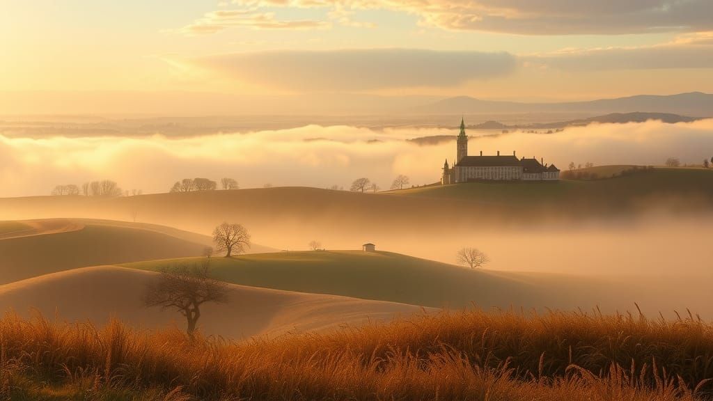 Golden Light Over Rolling Fields Landscape