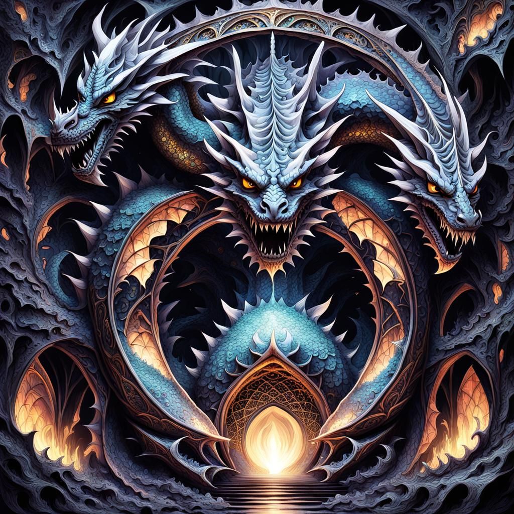 A majestic assembly of colossal dragons garding theur cave nest