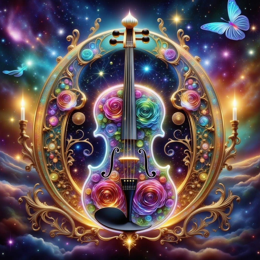 Glass Violin Enveloped in Black Roses