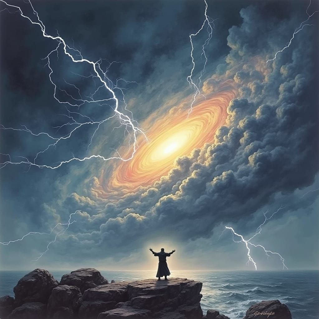 Sorcerer Harnessing Raging Tempest in Fantasy Art Style