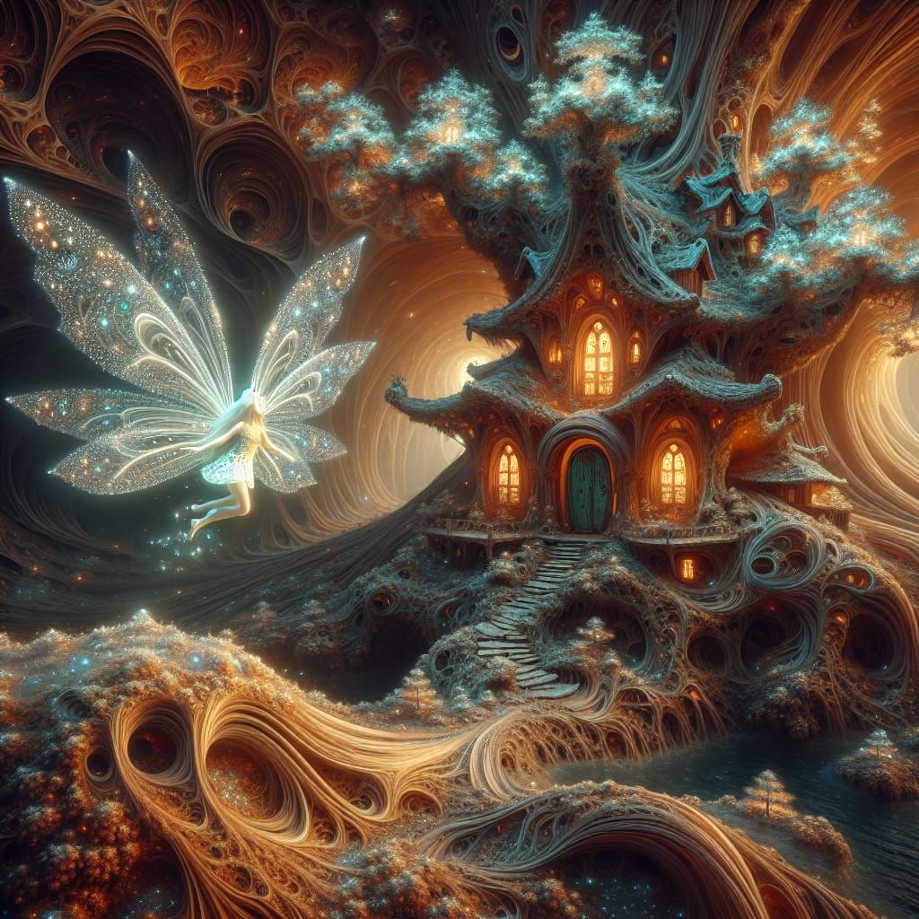 Fairy on Steps of Magical Home, Surreal Fractal Render