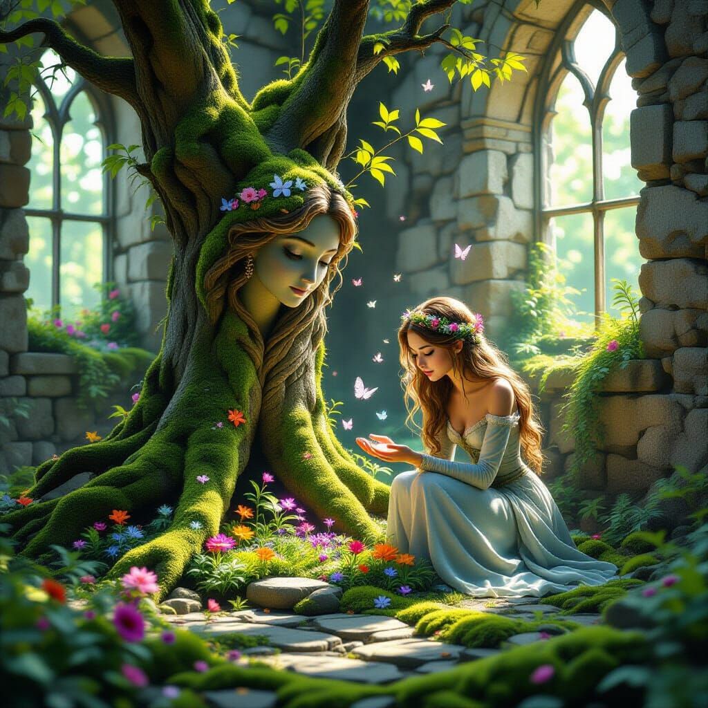 Stone Princess Tends Magical Garden in Ruined Forest