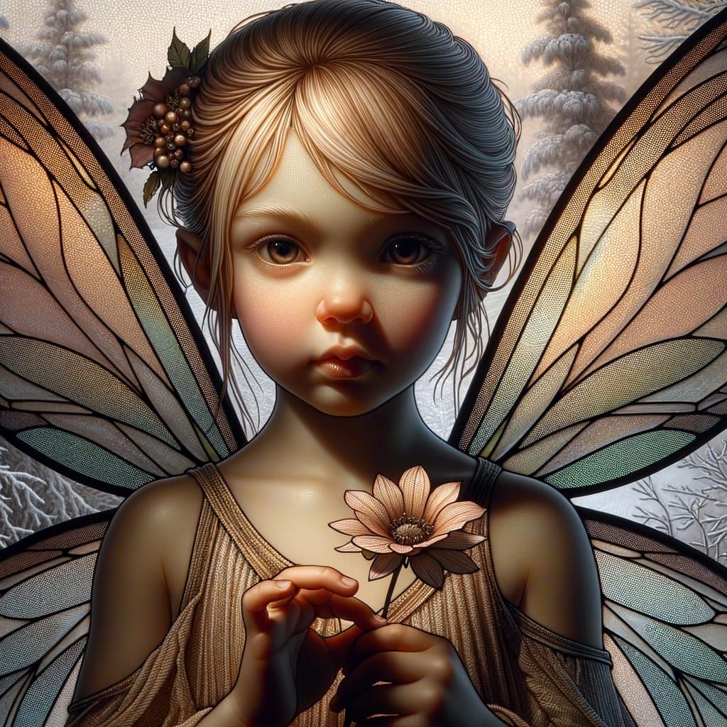 Fairy Child with Stained Glass Wings in Winter