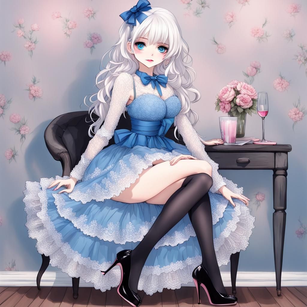 Blue-Eyed Girl in Lace Dress: A Digital Portrait