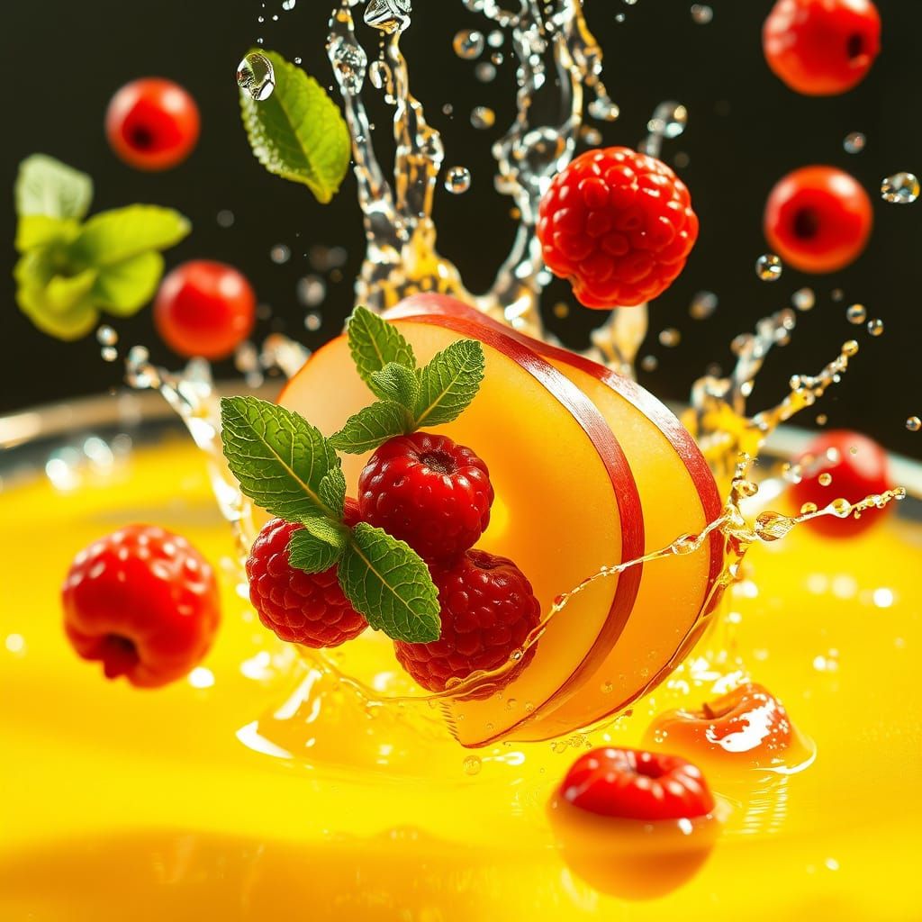 Slices of Fruit Splash into Vibrant Yellow Liquid in Hyper-R...