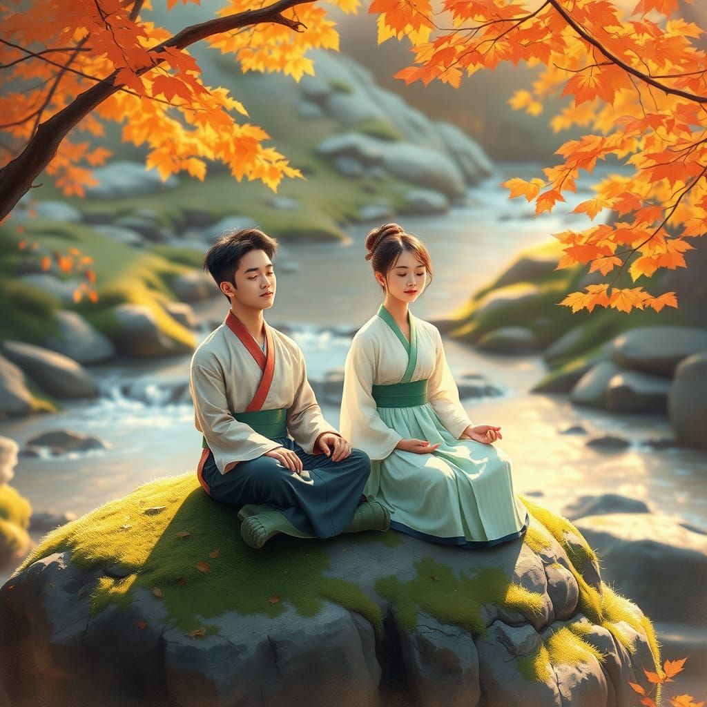 Young Asian Couple Meditating in Golden Fall Light