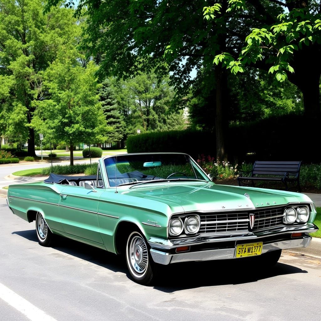 Vintage Convertible Car in Green PARKED Beside Lush Park