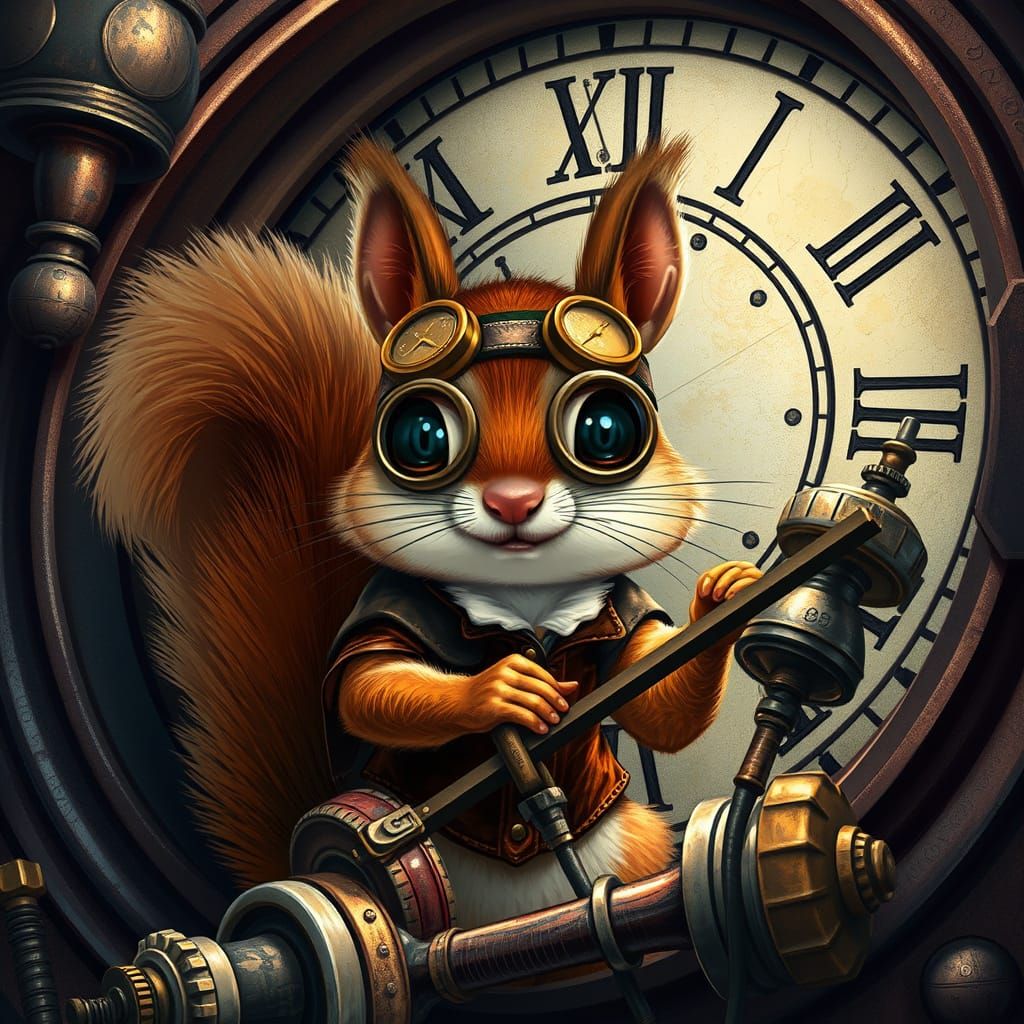 Steampunk Squirrel Repairs Ornate Clock Tower