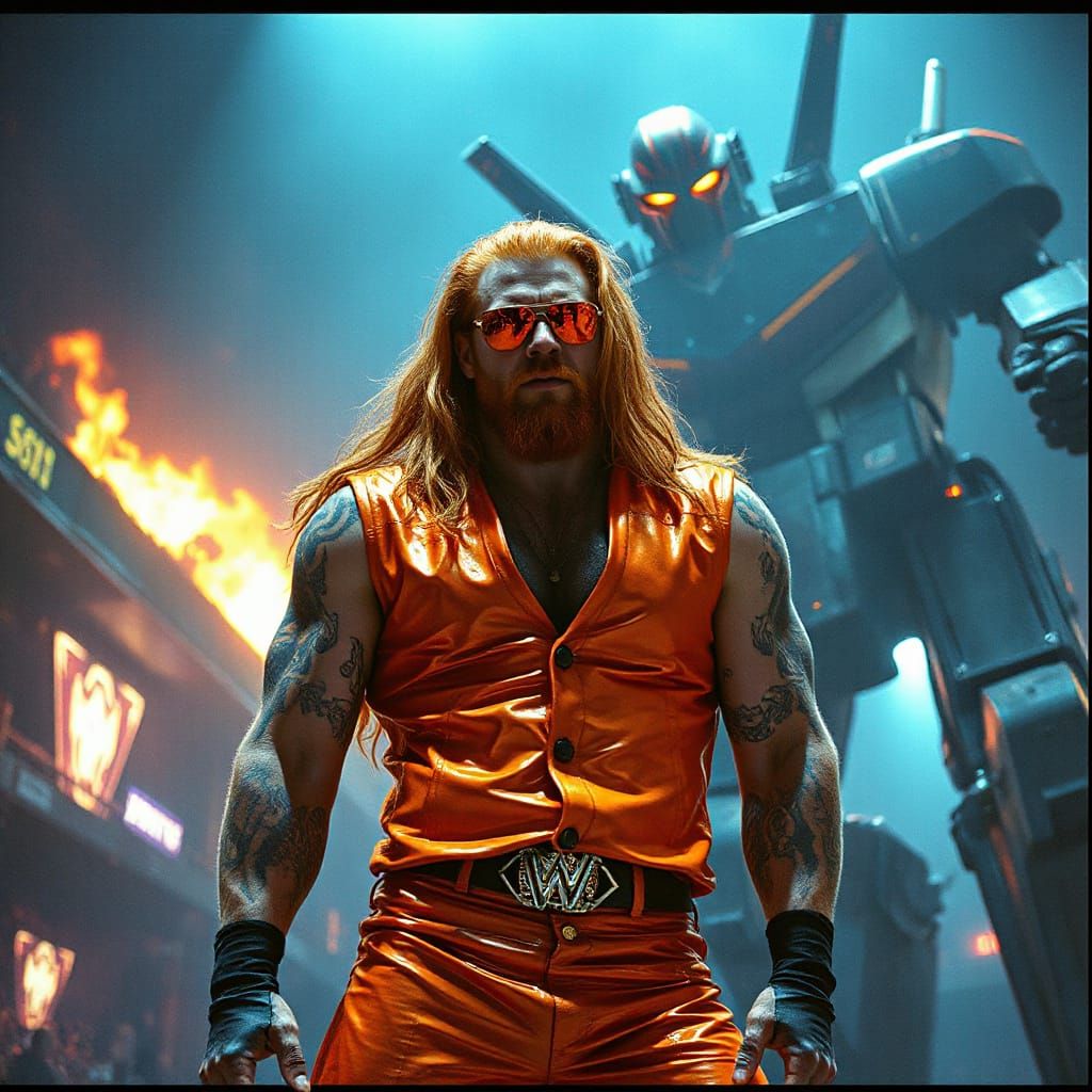 Wrestler Battles Robot in Dystopian Arena, Gritty Aesthetic