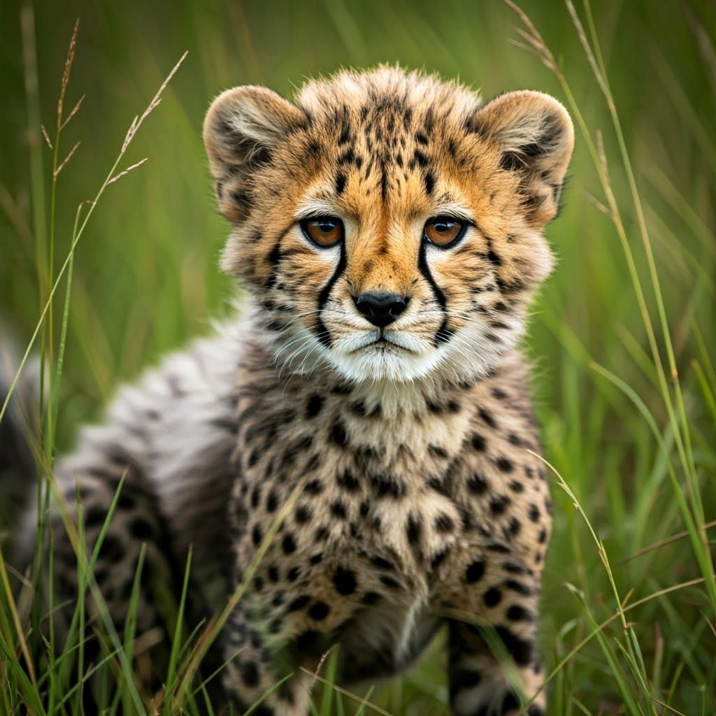 Cheetah Cub Crouching in Grass: Realistic Wildlife Photograp...