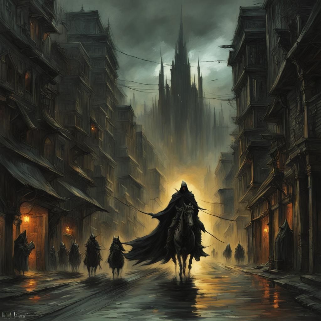 Nazgul Rides Through Cyberpunk City in Doré Style